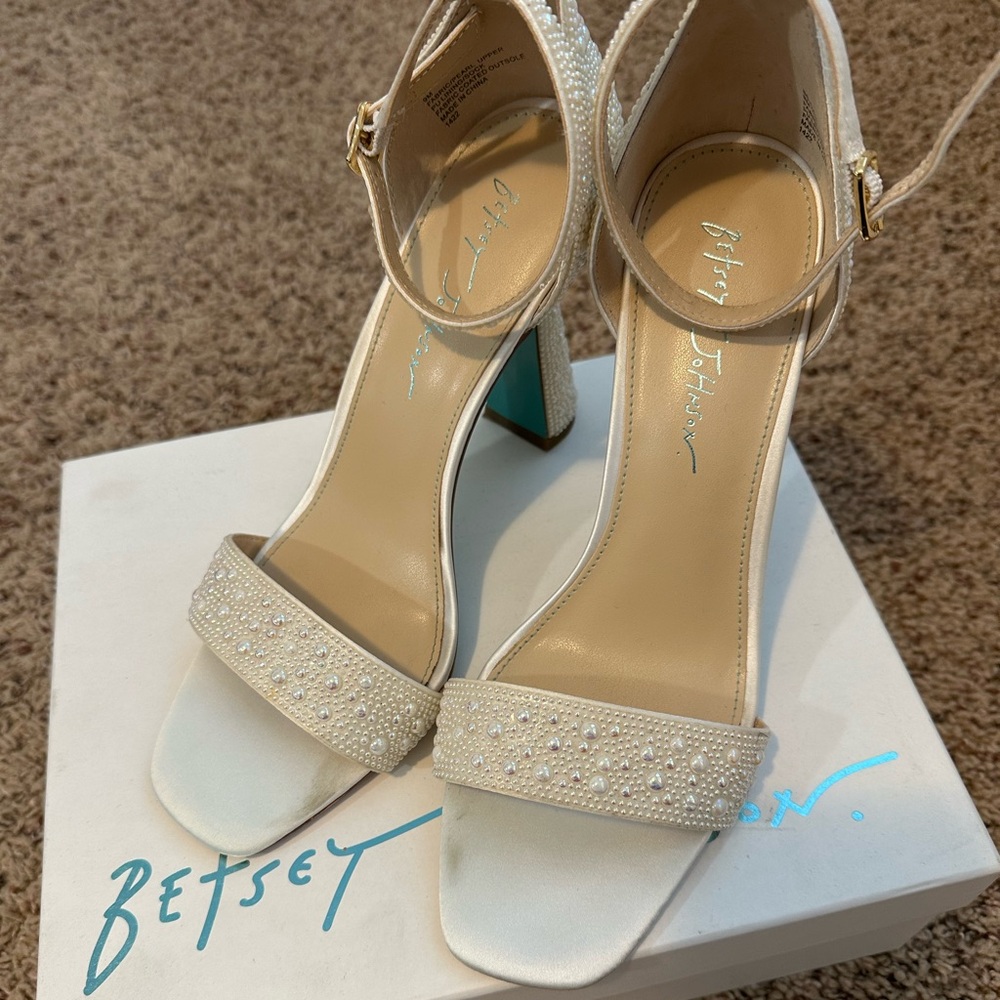 Betsey Johnson Pearl-Embellished Cream Heels